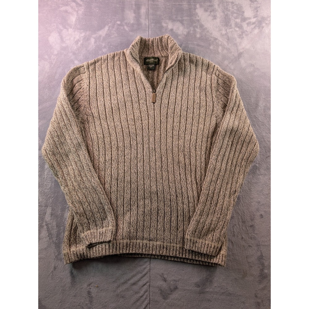 Eddie Bauer Mens Quarter Zip Ribbed Knit Cotton Sweater Tan Brown L In Japan